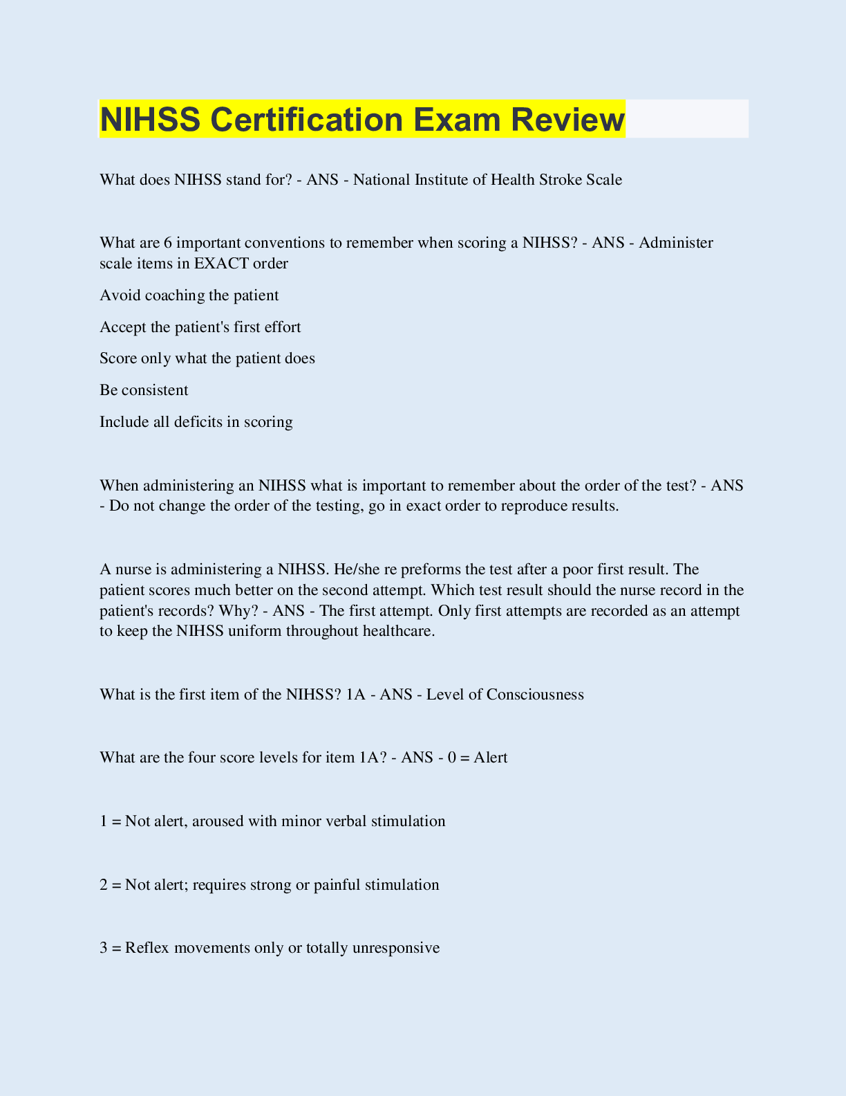 NIHSS Certification Exam Review with 100 Correct Answers Updated
